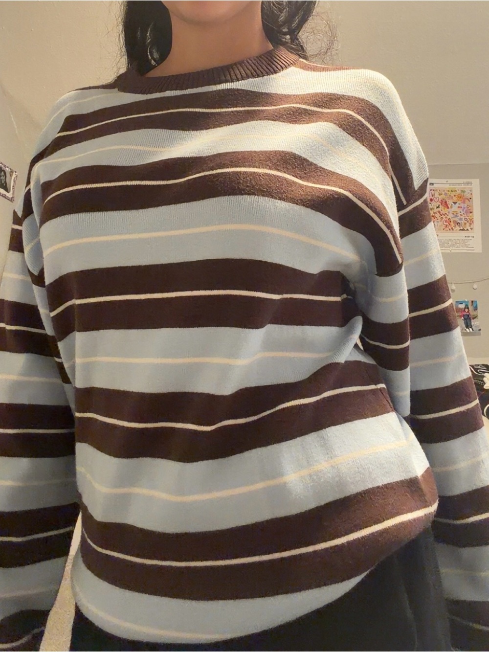 Striped Crewneck Sweater in Light Blue and Brown